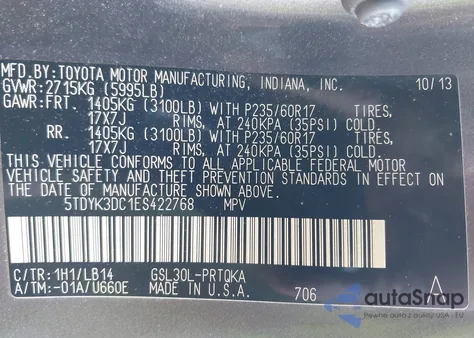 2014 Toyota Sienna Xle V6 8 Passenger z USA, uszkodzony, nr VIN 5TDYK3DC1ES422768